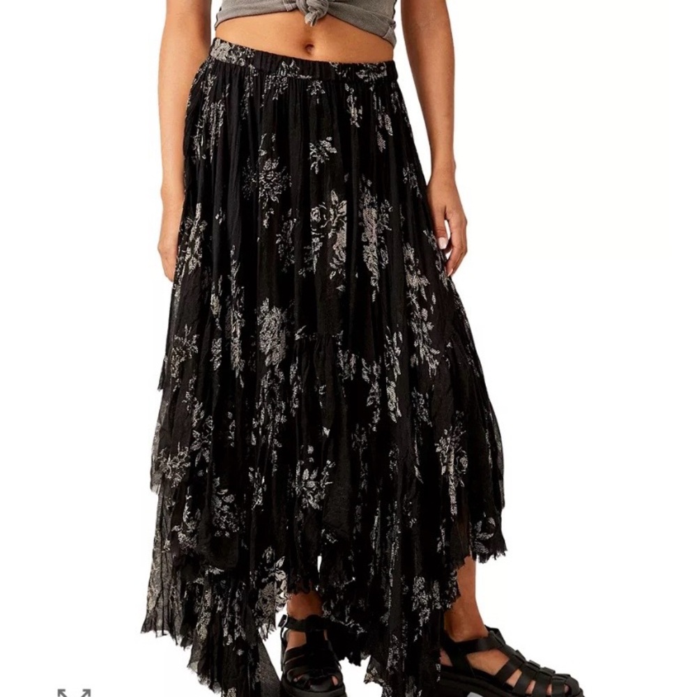 Free People Black Asymmetrical Floral Midi Skirt - Picture 2 of 3